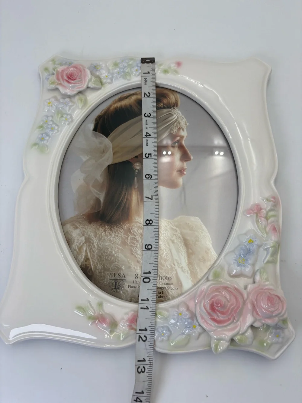 Gorgeous Vintage ELSA White Ceramic Picture Frame with Pink Rose Accents - 8x10
